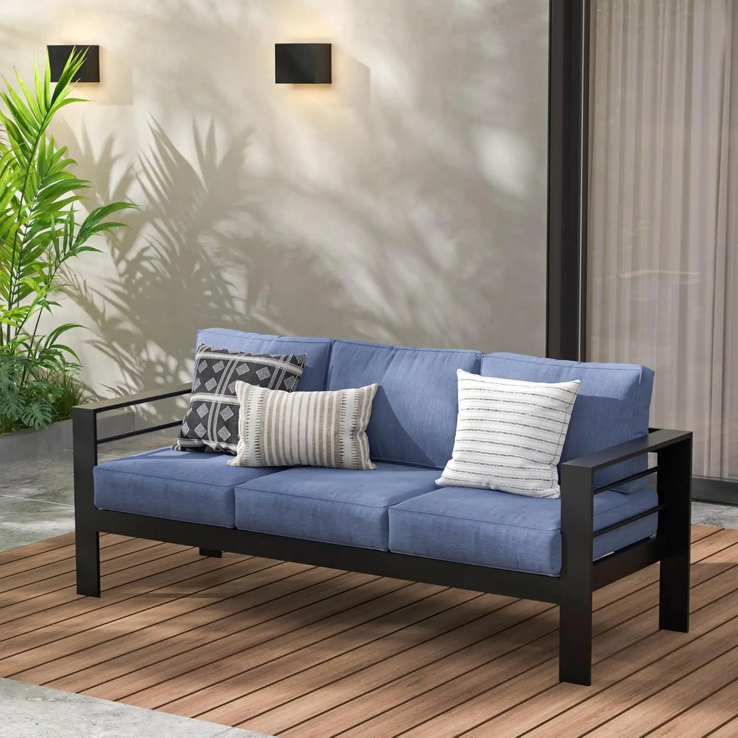 Patio Furniture Aluminum Sofa, All-Weather Outdoor 3 Seats Couch, Black Metal Chair with Light Grey Cushions, Customized