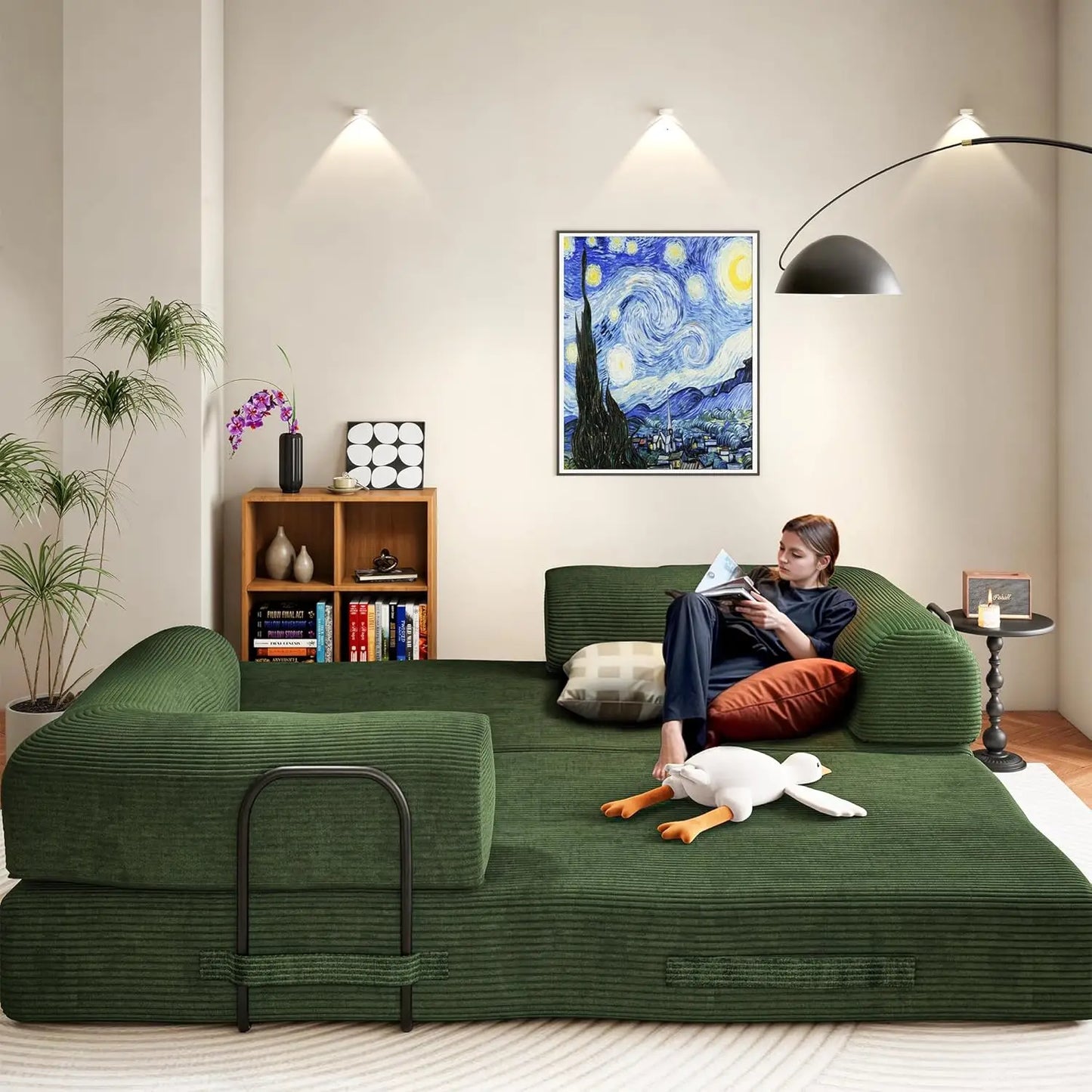 Convertible Sofa Bed Modular Couch With Corduroy Fabric And Memory Foam Sleeper