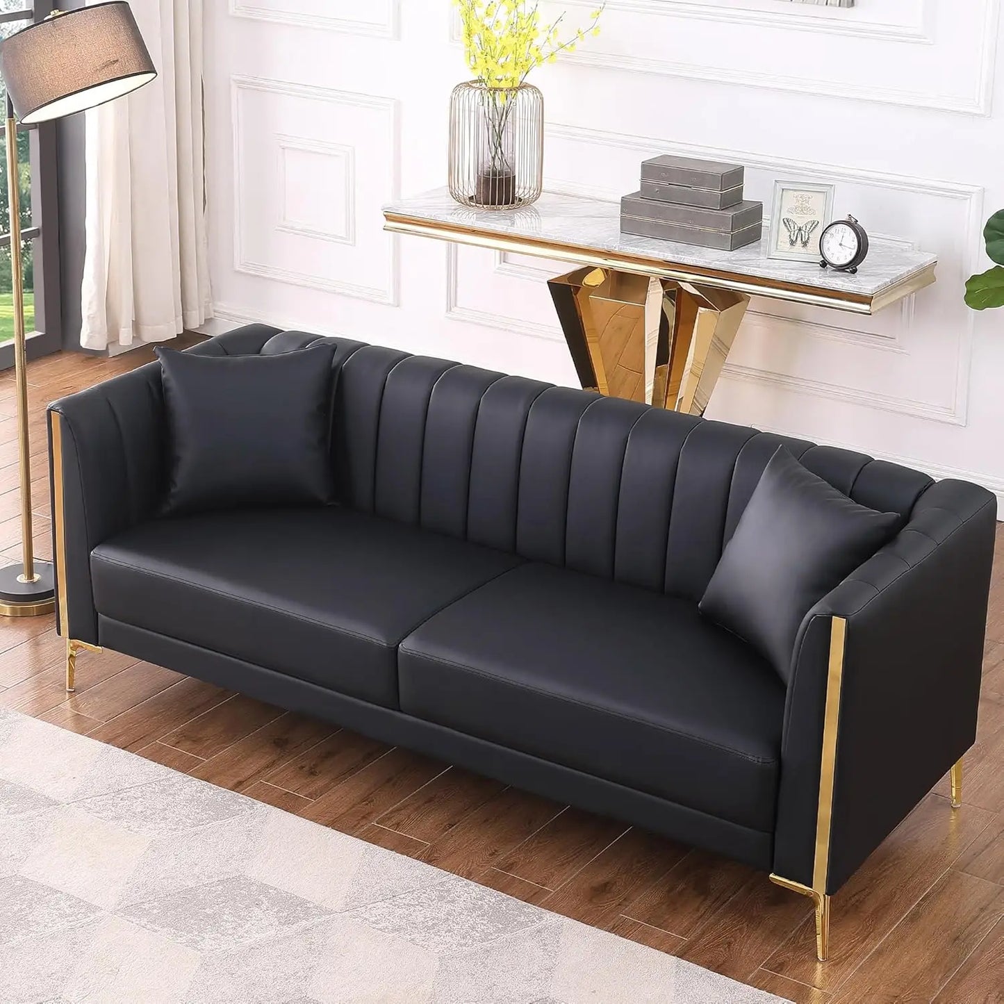78in White Faux Leather Sofa 3 Seater Gold Metal Legs Deep Seat Living Room with 2 Pillows, Customized