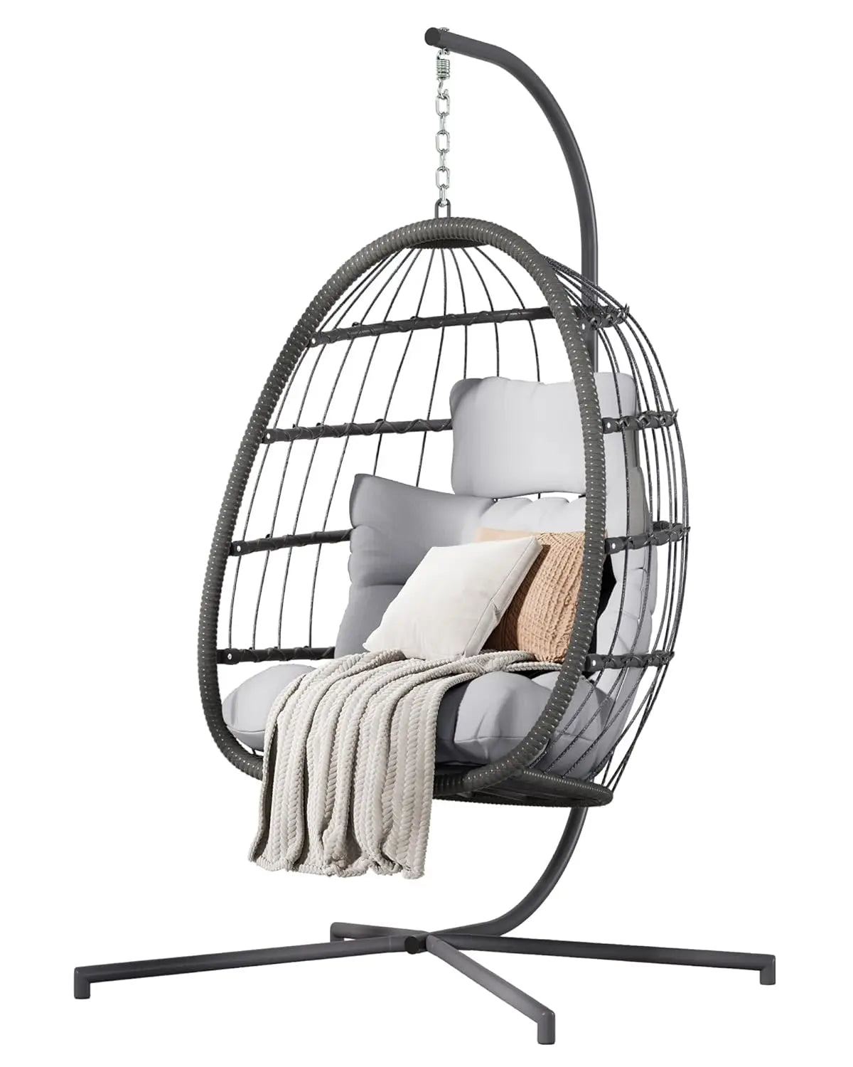 Hanging Egg Chair With Stand Outdoor Patio Wicker Swing Cushion