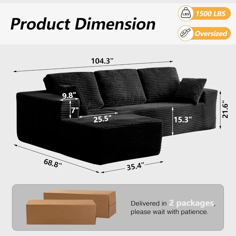 104'' L-Shaped Cloud Sectional Sofa with Oversized Chaise Modular 3-Seater Corduroy Couch for Living Room Customized